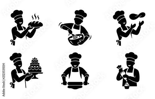 Foto Baker Icon Set: Chef Preparing Bread, Mixing Dough, Decorating Cake, Rolling Pas