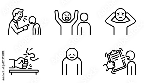 Anger and Frustration Icon Set, Aggression and Conflict Symbols, Stress and Sadness Vector Graphics, Emotional Distress Icons, Human Emotion Collection
