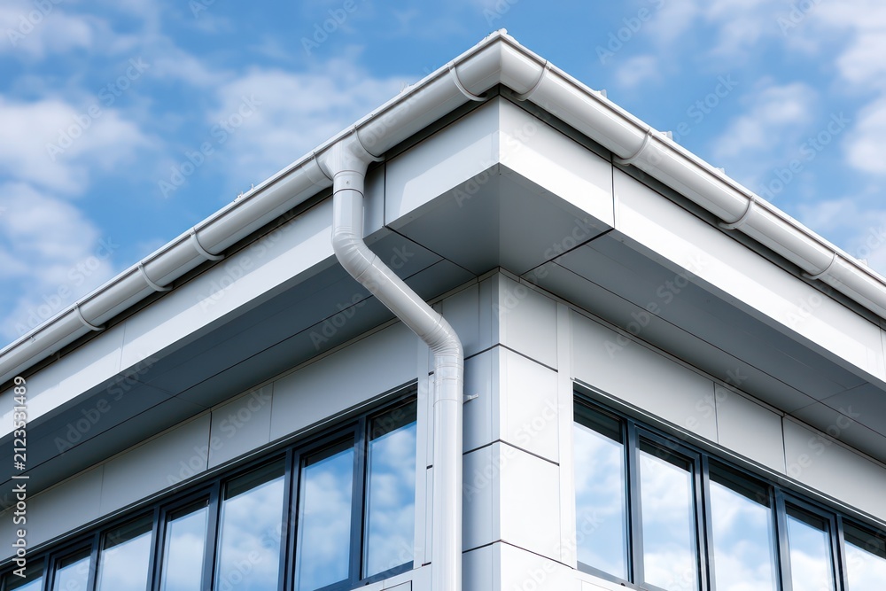 Fototapeta premium Clean roof drainage installation on corporate building wall