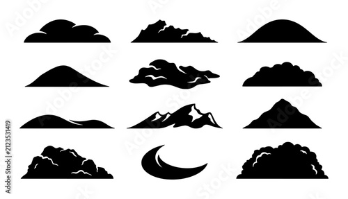 Diverse Silhouette Mountain and Hill Icons, Vector Landscape Elements, Nature Scene Graphics, Black and White Terrain Shapes for Design