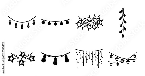 Hand-Drawn String Lights Vector Collection: Festive Garland Elements, Decorative Bulbs, Star Shapes, and Twinkling Accents for Holiday and Party Designs