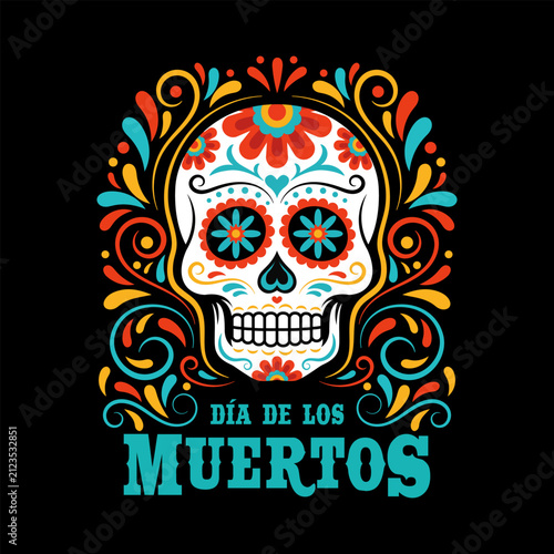 Dia de los Muertos. Sugar skull  on colorful background. Poster, flyer, emblem template. Vector illustration