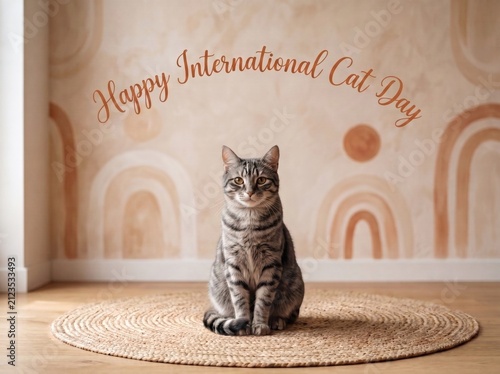 Happy International Cat Day message with a cute tabby cat