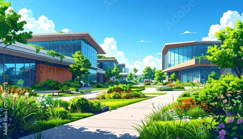 Modern Eco Friendly Suburban Neighborhood with Green Landscaping.