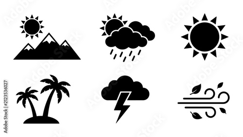 Weather Icons Set: Sunny Mountains, Rainy Clouds, Tropical Palms, Thunderstorm, Windy Day, Simple Black & White Vector Graphics for Forecasts and Climate Concepts