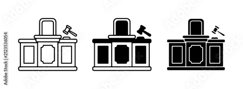 Courtroom Judge's Bench and Gavel Icons, Legal Justice Symbolism, Law and Order Graphics