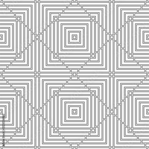 Geometric ornament black and white seamless pattern. Outline simple geometric shapes background. Folk motif. Stylish texture.
