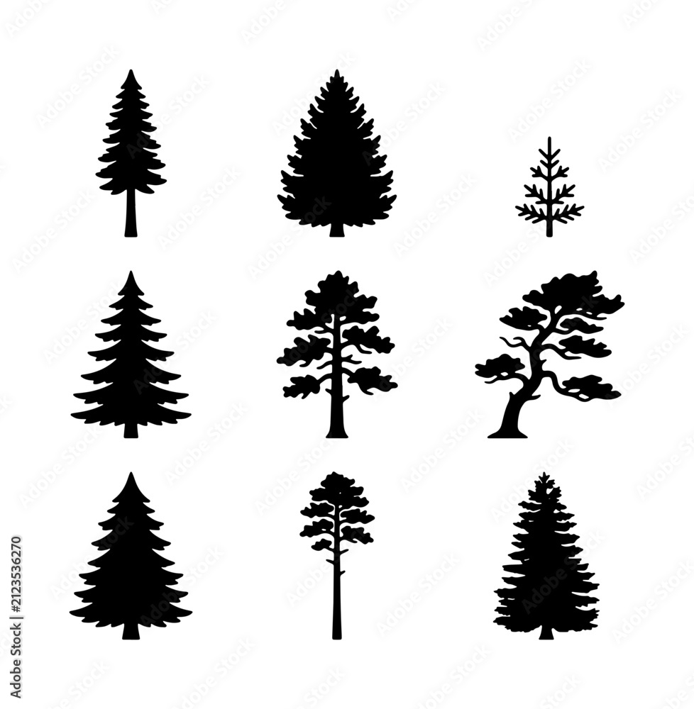 Obraz premium Diverse Evergreen Tree Silhouettes Collection, Pine and Fir Vector Icons, Natural Forest Elements for Design