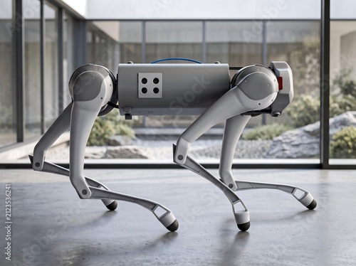 Robot dog in dynamic walking pose modern interior 3D render advanced robotics