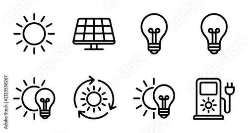 Solar Energy Icons Set, Renewable Power Symbols, Sustainable Technology Graphics, Clean Electricity Vector Collection