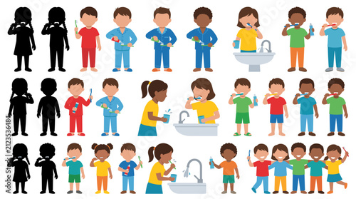 Fotografía Set of vector collection featuring different children brushing their teeth, hold