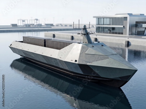 Angular autonomous cargo vessel docked at modern port 3D render maritime logistics