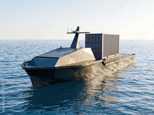 Stealth cargo boat with containers on open sea 3D render modern maritime vessel