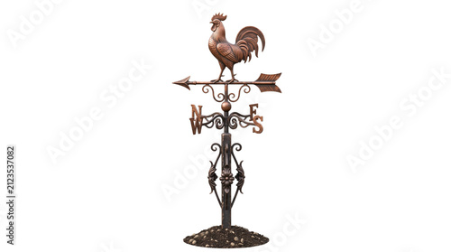 Vintage copper rooster weather vane, antique bronze wind vane with cardinal directions, rustic metal farm weathercock for roof decoration isolated PNG with Transparent Background