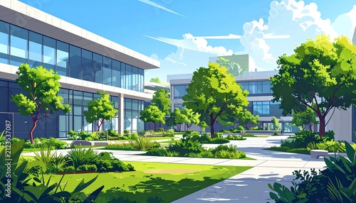 Modern Office Building with Green Landscaping and Clear Sky.