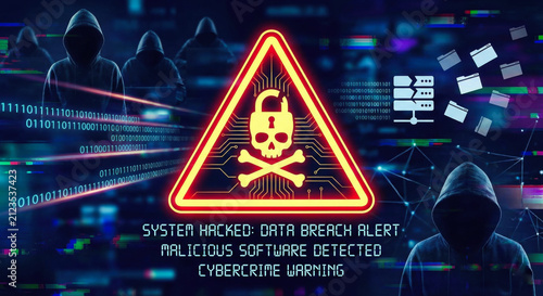Digital security concept illustration showing a neon red skull warning sign with hooded hackers in the background and text alerts about data breach and malicious software