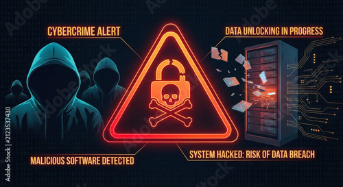 Digital security concept illustration showing a neon red skull warning sign with hooded hackers in the background and text alerts about data breach and malicious software