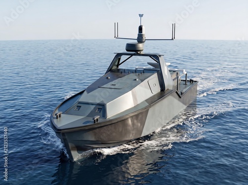 Angular gray patrol boat speeding on ocean 3D render autonomous maritime vessel