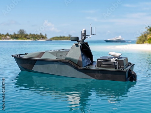 Camouflage patrol boat near tropical island beach 3D render military maritime vessel