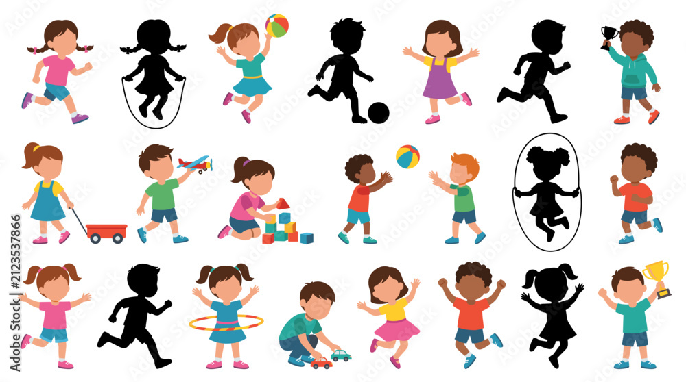 Fototapeta premium Professional vector collection featuring different children playing, running, jumping, skipping, laughing, playing with toys, energetic poses, boys and girls, faceless characters without eyes