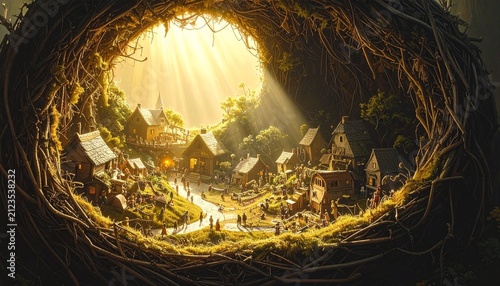 Mystical Forest Scene with Glowing Light Through Trees.