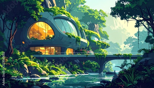 Futuristic Treehouse Home in Lush Forest by River.