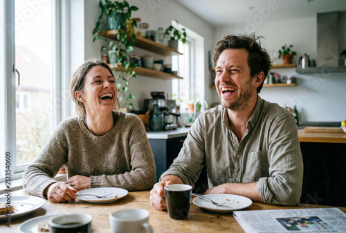 Cheerful young man and woman sitting at a wooden table in a bright kitchen, drinking coffee and laughing while enjoying a morning breakfast together