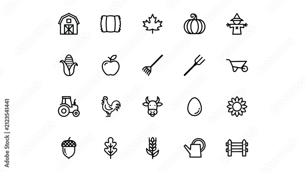 Fototapeta premium Collection of Farm and Agriculture Icons with Simple Line Art Design on Transparent Background