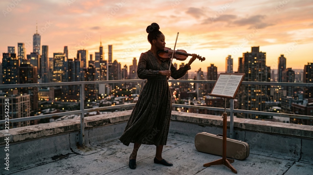 Fototapeta premium Female musician performing violin solo on urban rooftop at sunset with skyline background.