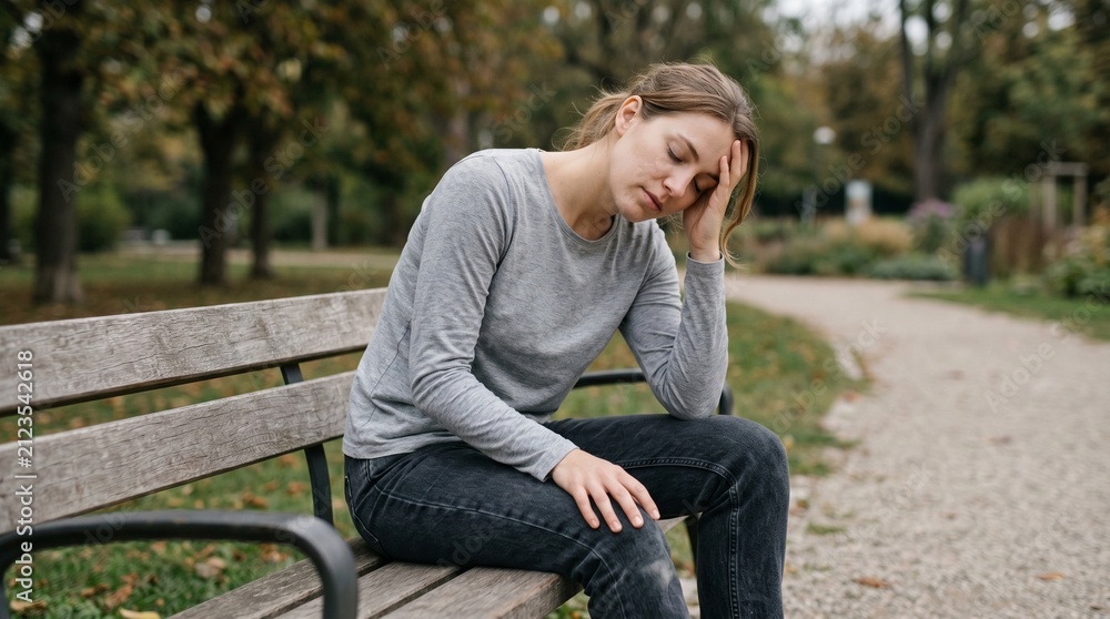 Fototapeta premium Sad young woman sitting on park bench holding head in distress.