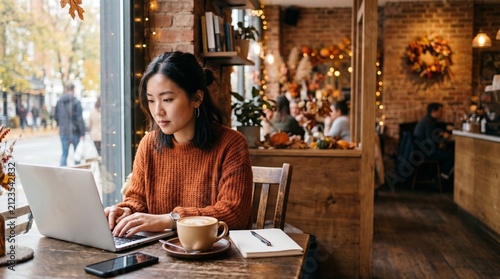 Young Asian woman working on laptop in cozy autumn cafe with coffee and notebook.