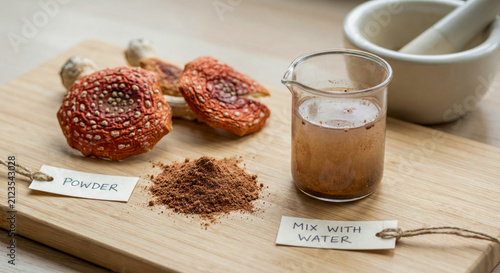 Dried fly agaric mushroom caps and ground powder with a wooden scoop on a board, with laboratory equipment in the background, symbolizing alternative medicine