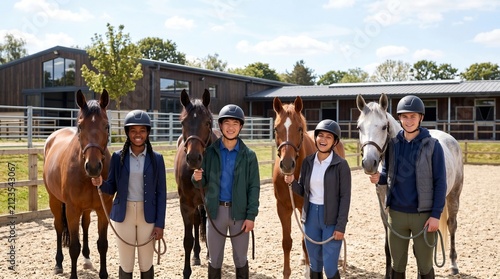 Diverse team of young equestrians and horses posing in outdoor riding arena at stable.