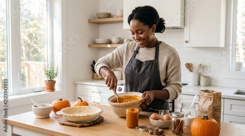 Smiling African American woman preparing pumpkin pie filling in modern kitchen.