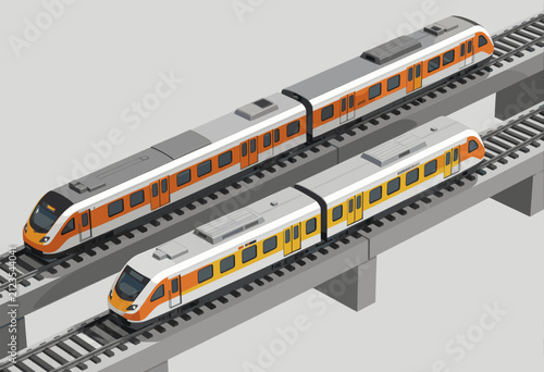 Two Modern Trains on Elevated Tracks in Minimalist Urban Setting