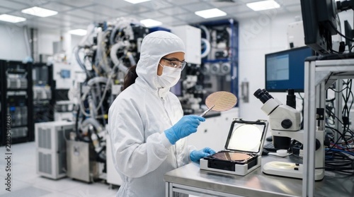 Cleanroom engineer examining a silicon wafer beside a wafer cassette and microscope, illustrating angstrom-scale semiconductor fabrication and chip miniaturization.
