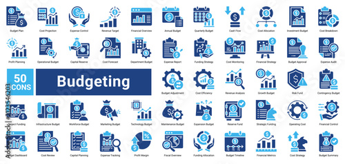 Budgeting icon set containing Budget Plan, Cost Projection, Expense Control, Revenue Target, Cash Flow, Profit Planning, and more to visualize financial management and strategic funding.