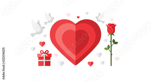 Red Heart with Gift and Rose.