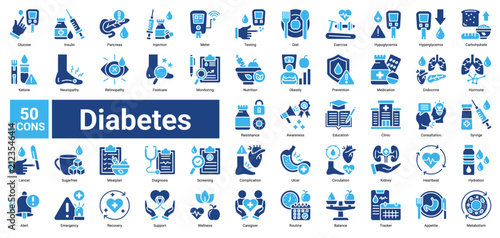 Foto Diabetes icon set containing Glucose, Insulin, Pancreas, Monitoring, Nutrition, Syringe, and more to illustrate diabetes care, prevention, treatment, and healthy lifestyle management
