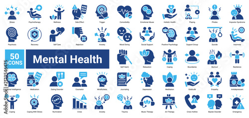 Fotografie Mental Health icon set containing Stress, Psychotherapy, Anxiety, Mindfulness, Depression, Music Therapy, and more to illustrate emotional wellness, recovery, and psychological support