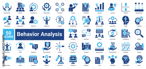 Behavior Analysis icon set containing Best Practice, Therapy, Reinforcement, Conditioning, Cognition, and more to illustrate psychology, behavioral studies, and learning processes.