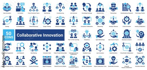 Collaborative Innovation icon set containing Open Innovation, Co Creation, Brainstorming, Strategic Alliances, Design Thinking, and more to illustrate teamwork, innovation, and knowledge sharing.