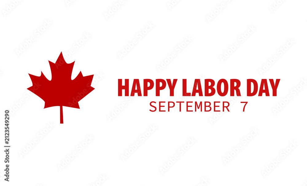 Fototapeta premium Happy Labor Day September 7 transparent PNG featuring a red maple leaf and bold typography isolated for greeting cards, stickers, sublimation, apparel, printing, and digital designs.