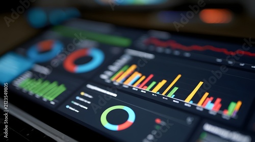 A close up view of a digital screen showing colorful charts and graphs for data analysis and business performance tracking