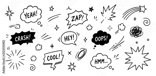 Comic Speech Bubbles and Sound Effects Doodle Set
