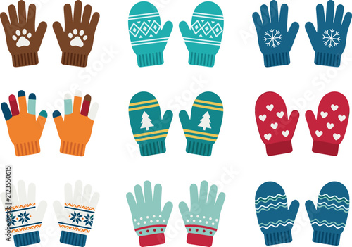 Cuadro en lienzo Cozy winter gloves and mittens vector illustration set with cute colorful knitte