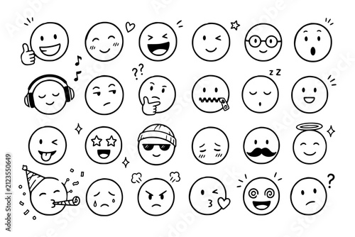 Doodle Emoji Face Set Hand Drawn Emoticons Vector Line Art Collection
