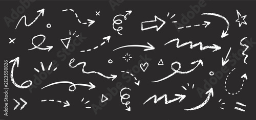 Hand Drawn White Chalk Arrows and Doodles Collection on Black Background