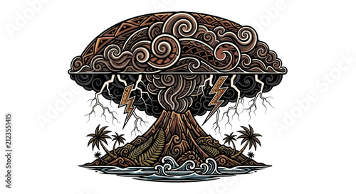 Tree with roots and swirling patterns.