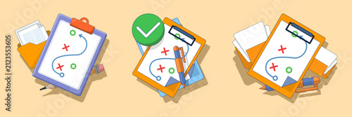 flat vector illustration set featuring strategic planning, business tactics, project analysis, goal setting, action plans, workflow organization, clipboard tasks and achievement strategy concepts.